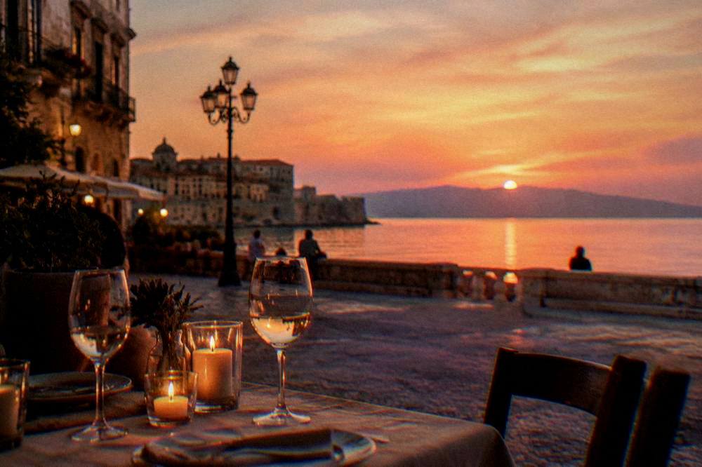 Evening table setting in a small Sicilian square with candles and wine glasses