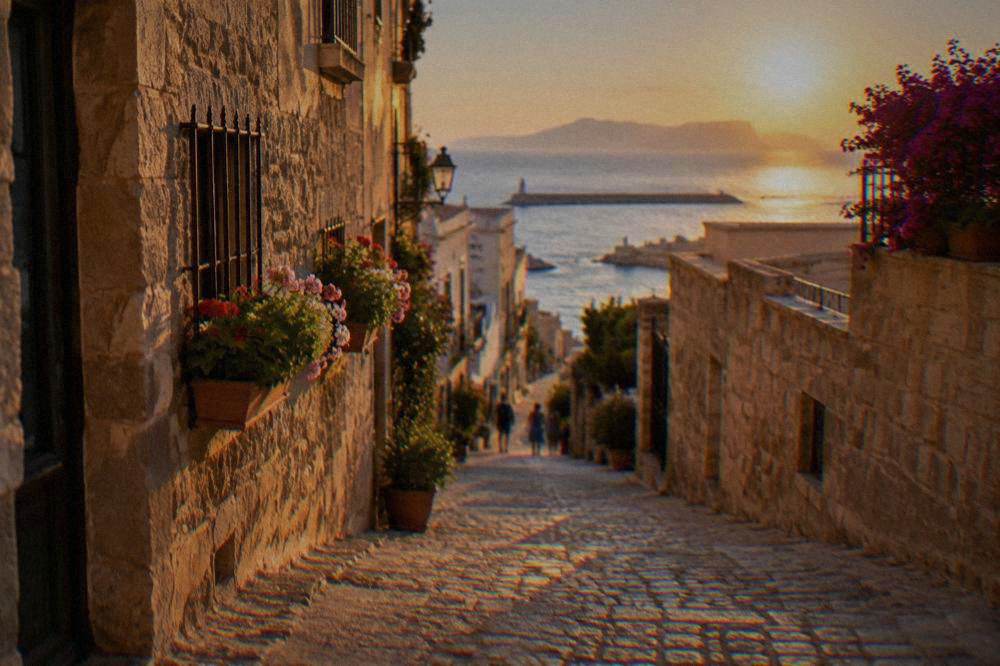 Cobbled stone lane in a hill town with flower boxes and a view to the sea