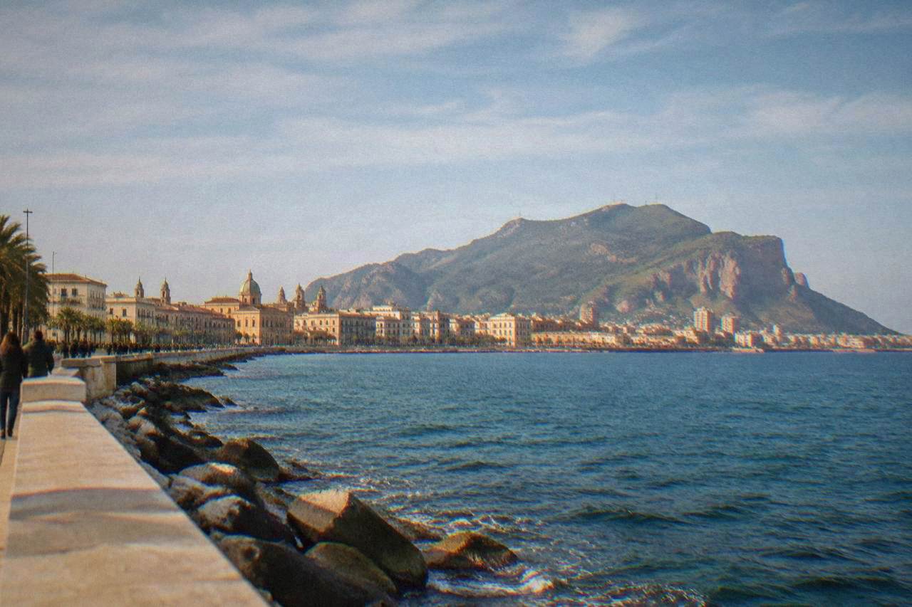 The skyline of Palermo seen from the sea with Monte Pellegrino in the background on a clear day