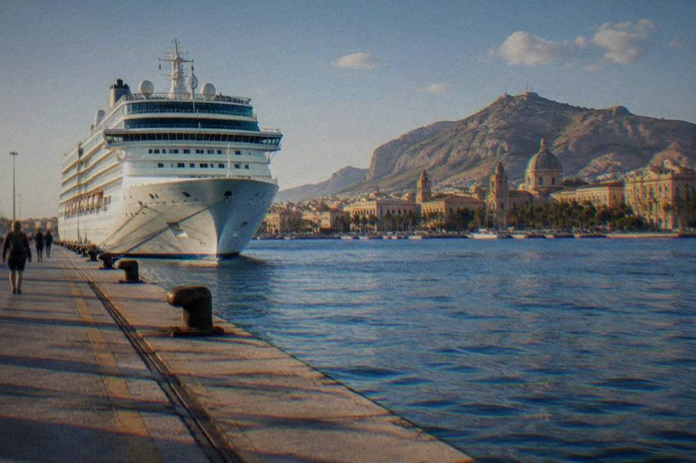 A cruise ship moored at the Palermo waterfront with the city behind it