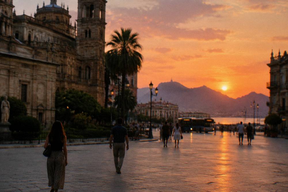 An evening view of a Palermo square with people walking and a bus in the distance