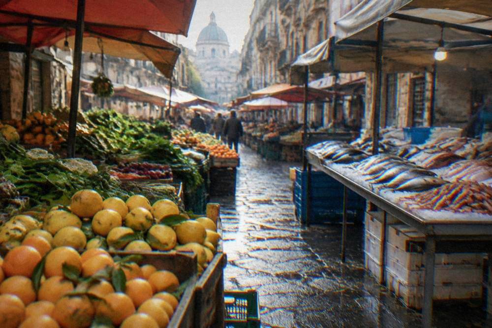 Stalls of citrus, vegetables and fresh fish along the BallarÃ² market street in Palermo