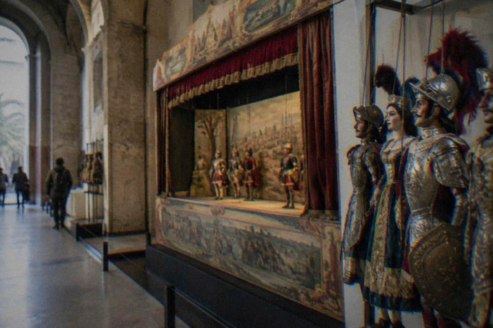 A puppet stage and marionettes inside the international puppet museum in Palermo