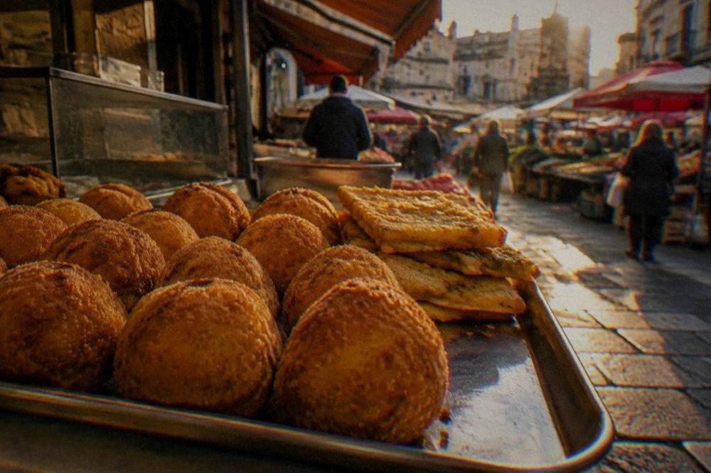 A tray of arancine and panelle at a Palermo street food counter