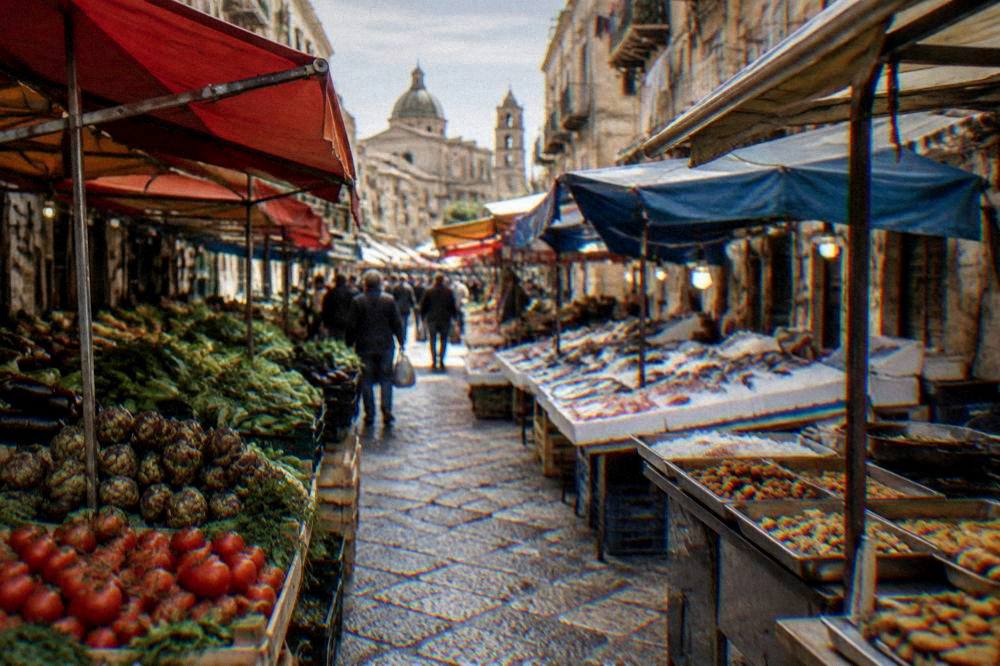 A busy Palermo market lane with stalls of vegetables, fish and fried food