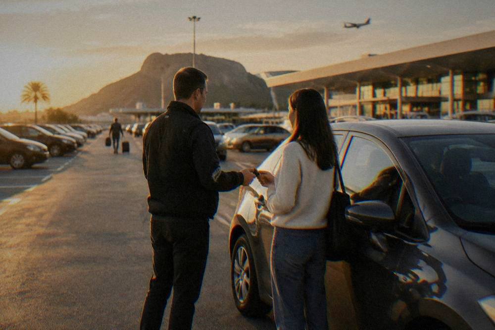 A hire car being handed over in an outdoor parking lot beside an airport terminal