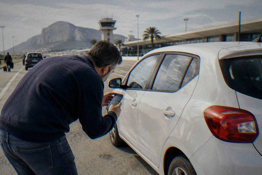 A driver inspecting the bodywork of a small hire car with a phone camera