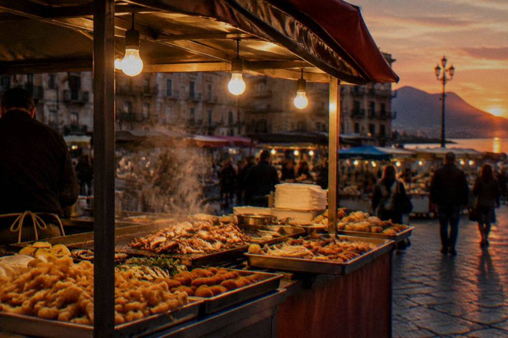 An evening street food stall glowing under lights in a Palermo square