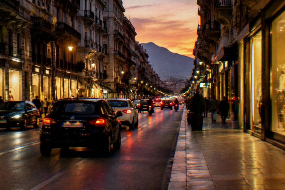 Evening traffic and lit shopfronts along Via Roma in Palermo