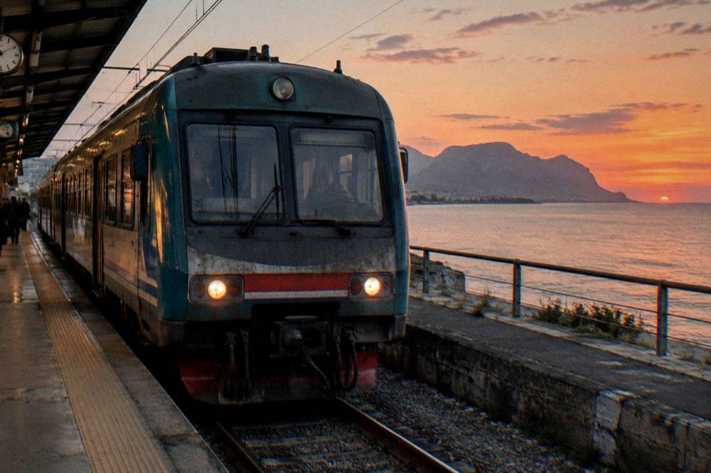 A regional train at a small coastal railway station beside the sea at dusk