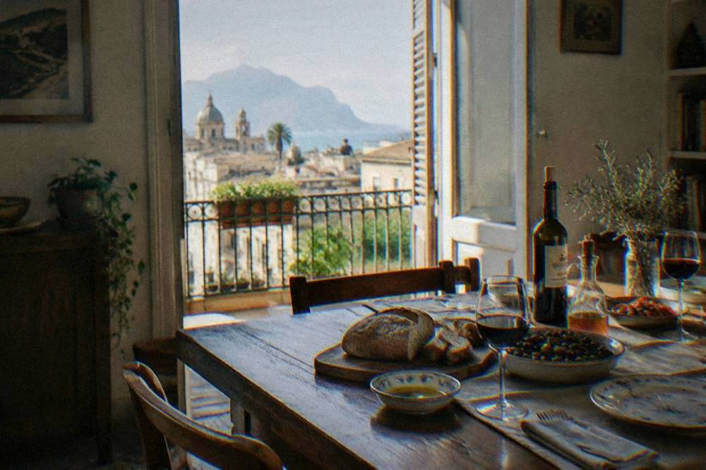 A set dinner table in a Palermo apartment with bread, olive oil and wine