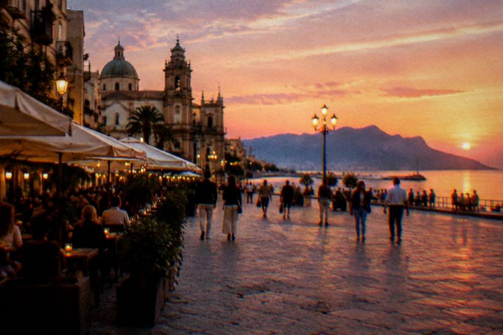 An evening Palermo square with lit cafe terraces and people walking