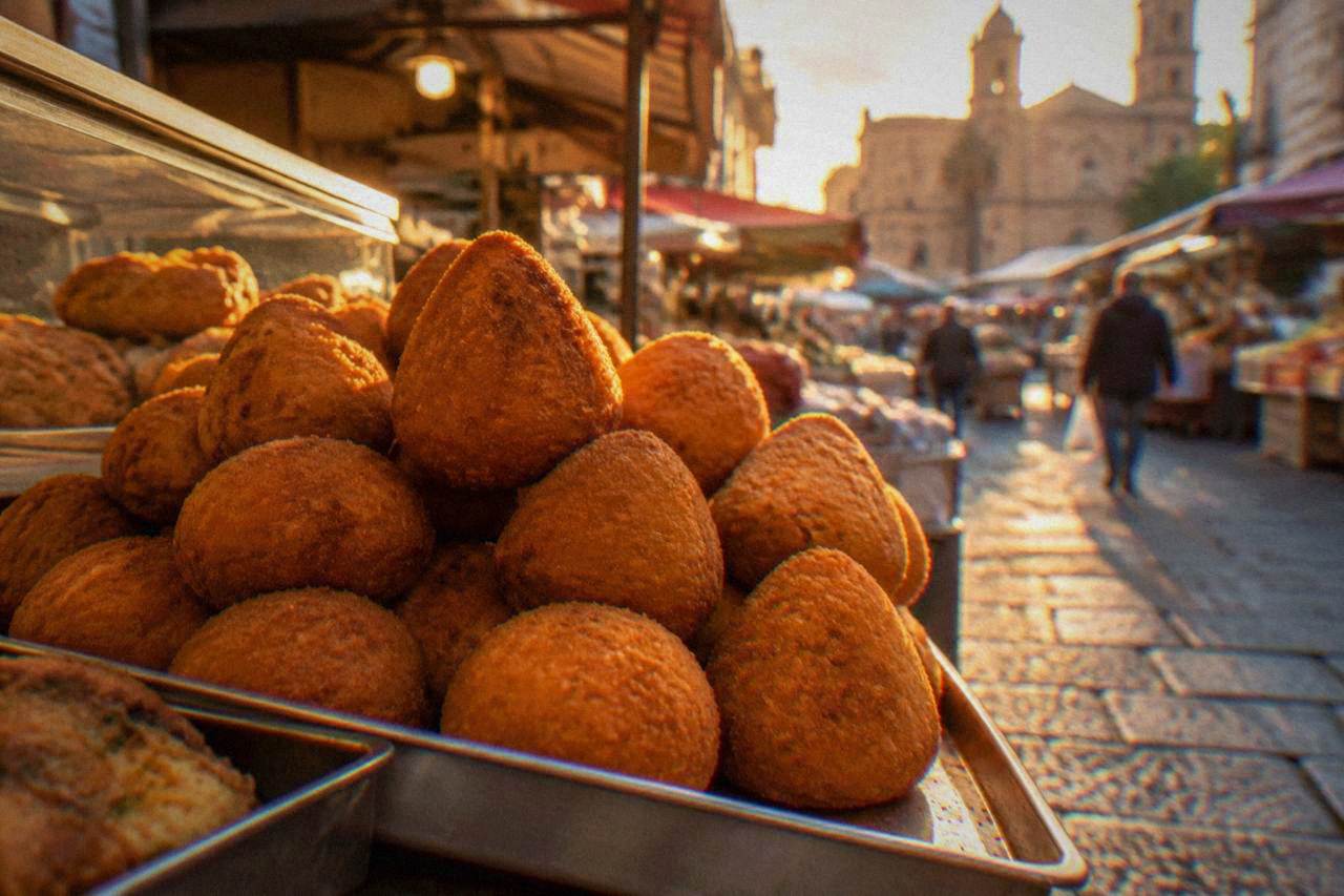 Golden fried arancine stacked in a Palermo street food display
