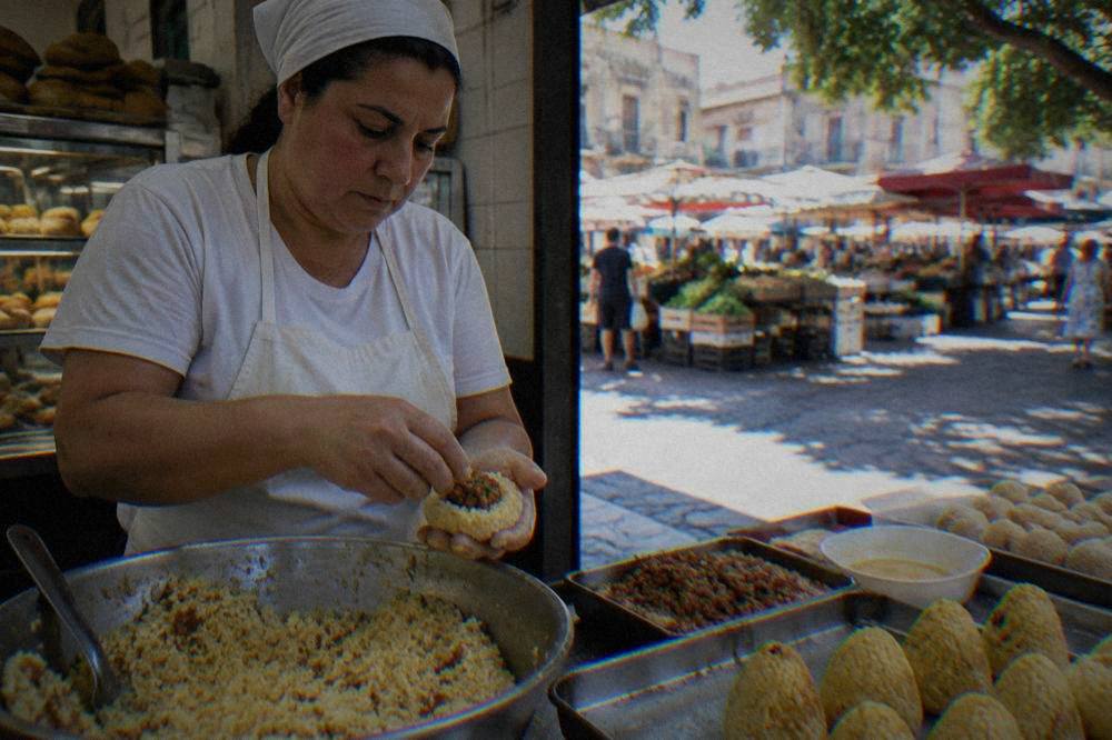 A cook shaping rice around filling in a Palermo bakery