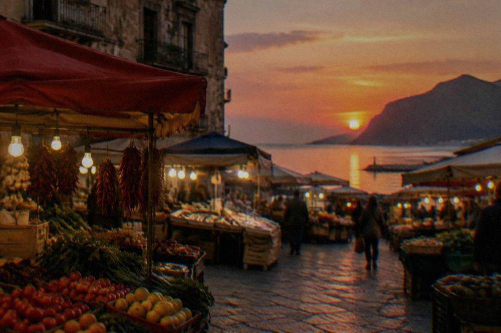 Evening food stalls lit up in a Palermo market square