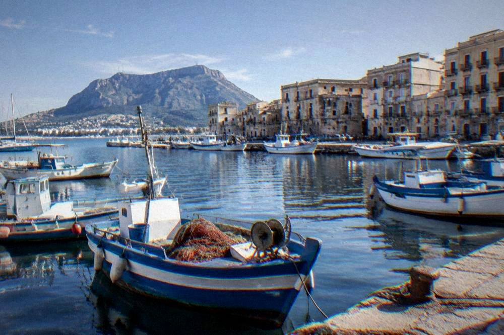 A small fishing harbour with moored boats and stone buildings