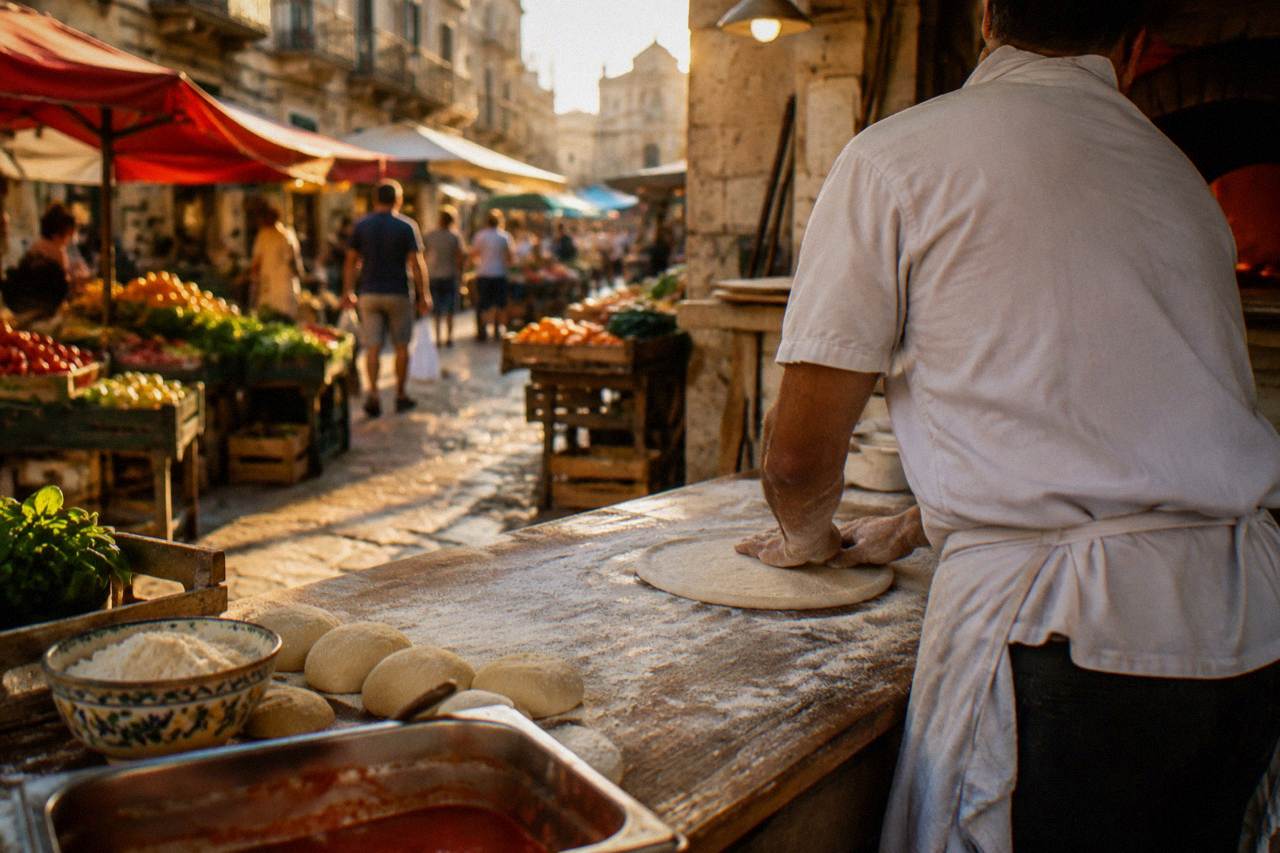 A cook shaping fresh pizza dough on a floured wooden table in a warm Sicilian kitchen