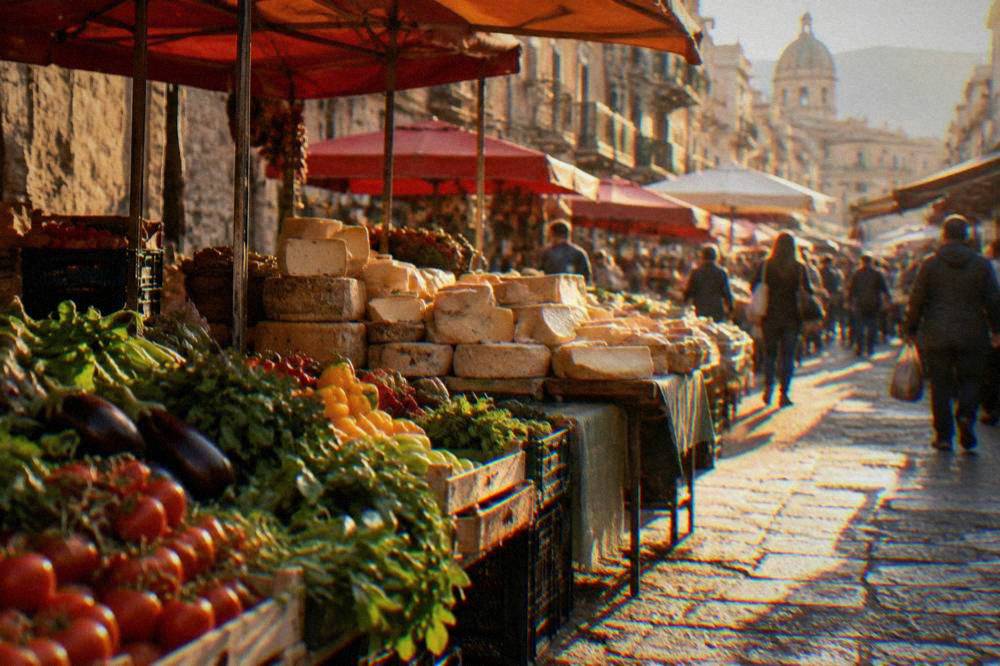 Colourful vegetable and cheese stalls in a busy Palermo street market