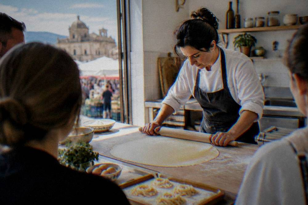 An instructor demonstrating how to roll pasta dough to a small group in a kitchen