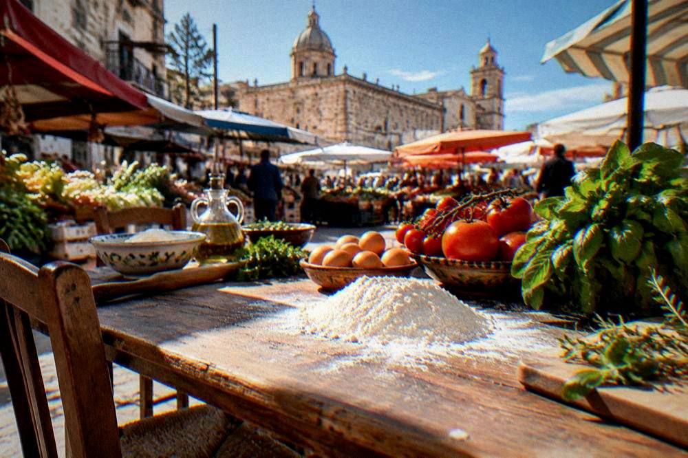 A Sicilian kitchen table with flour, eggs, tomatoes and fresh herbs laid out before a class