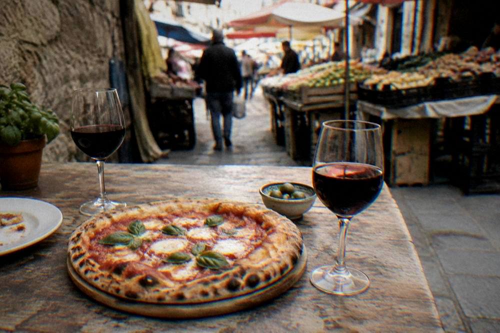 A finished homemade pizza and glasses of red wine on a rustic table at the end of a class