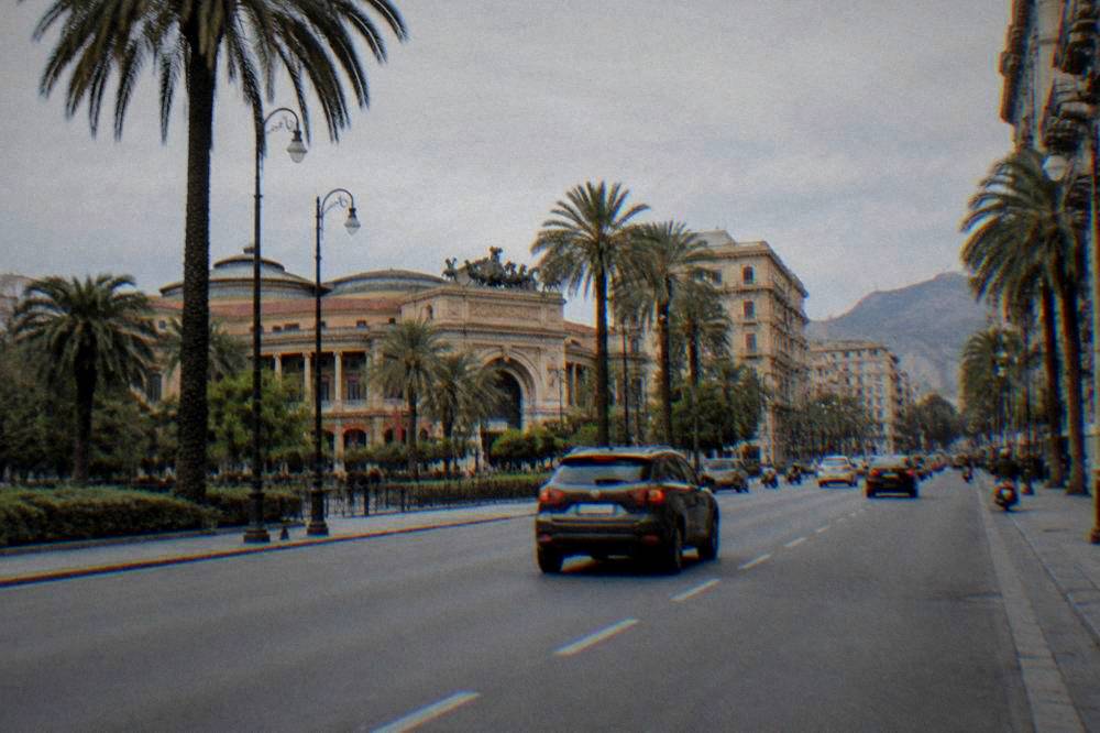 A car driving along a wide avenue in Palermo with traffic and palm trees