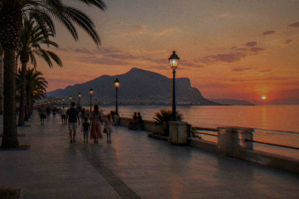 A wide seafront promenade in Palermo at dusk with palm trees, period lamps and families walking