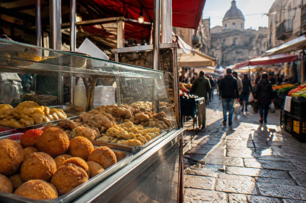 A busy Palermo street food stall with fried snacks displayed in a glass case