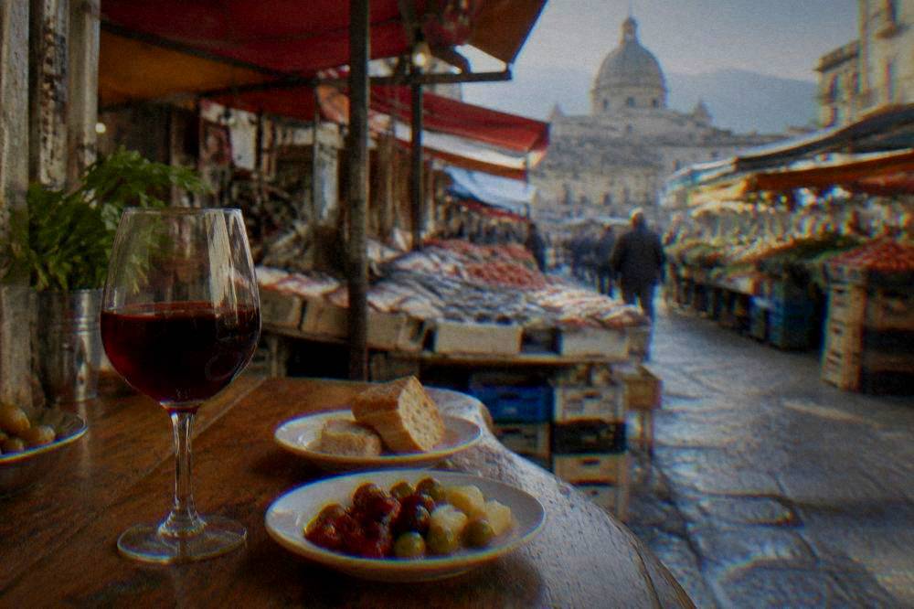 A glass of red wine and small plates on a wooden counter in Palermo