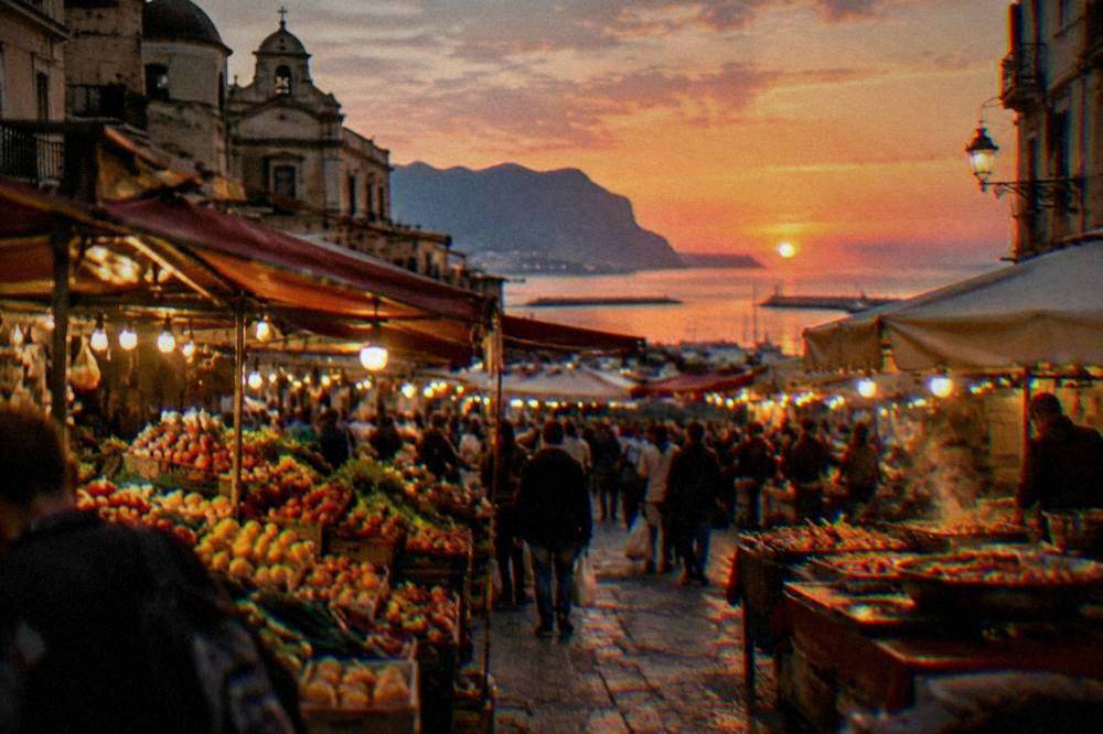 Evening crowds and food stalls in a lit Palermo market square