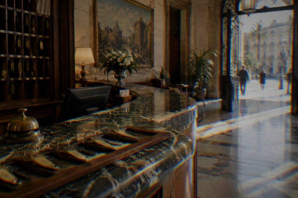 A hotel reception desk with keys and a marble counter in an old Palermo building