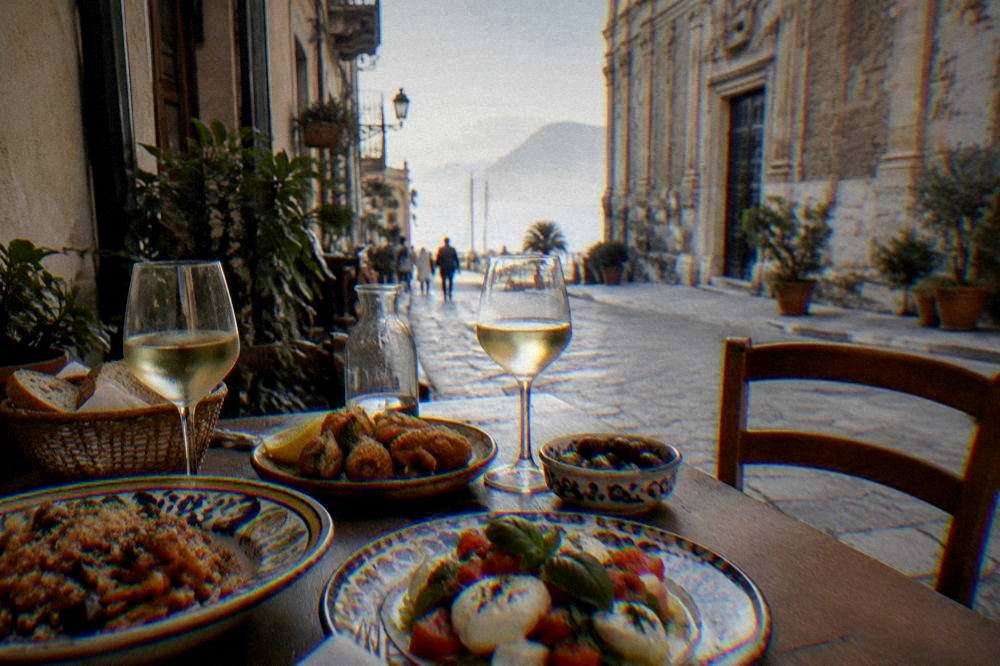 A dining table with Sicilian dishes set outside on a Palermo street