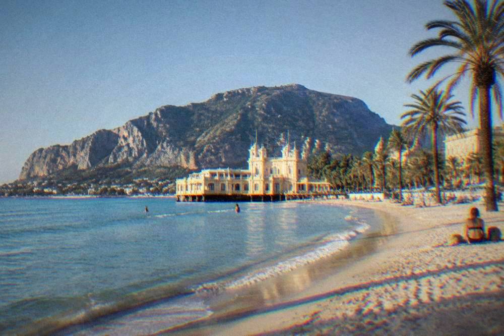 Palm trees and historic architecture under a clear blue sky in Palermo
