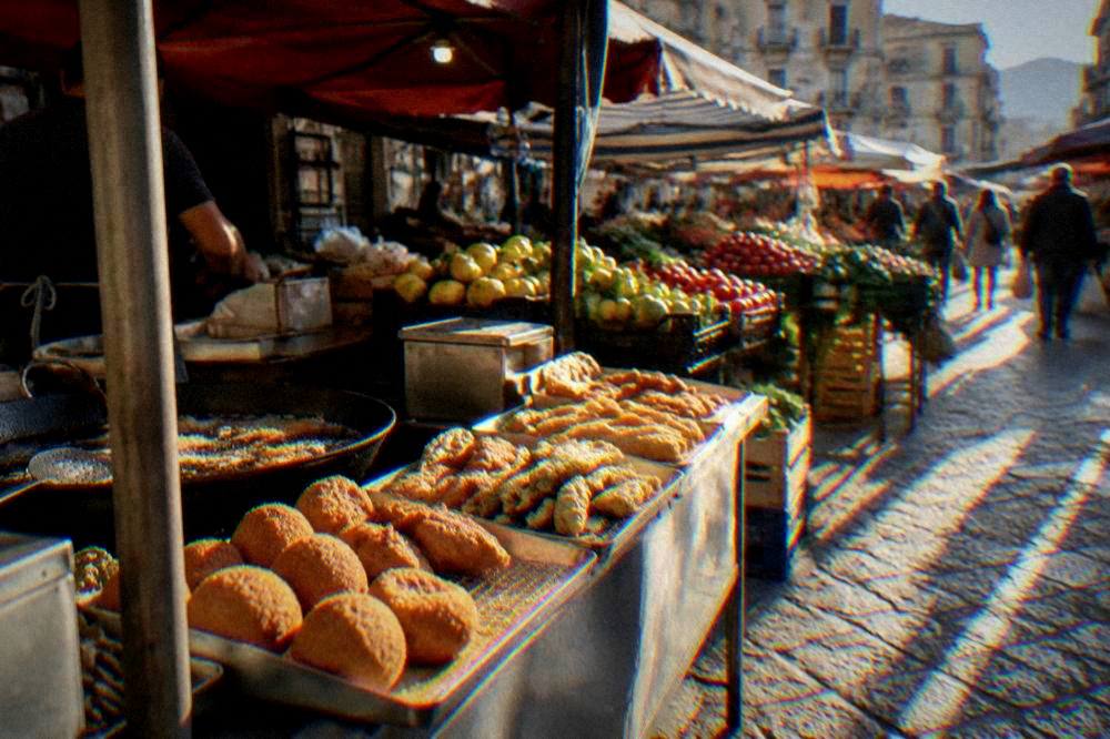 Market stall with fried street food and fresh produce in Palermo