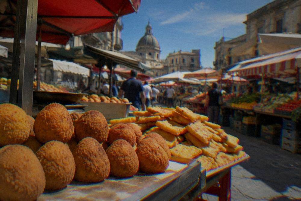 Fried arancine and panelle displayed at a busy Palermo market stall
