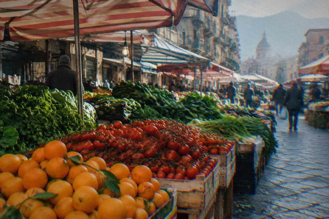A busy Palermo street market stall piled with oranges, tomatoes and leafy vegetables under striped awnings