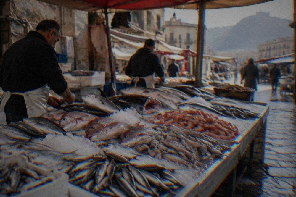 Fishmongers displaying fresh catch on ice at an open Palermo market counter