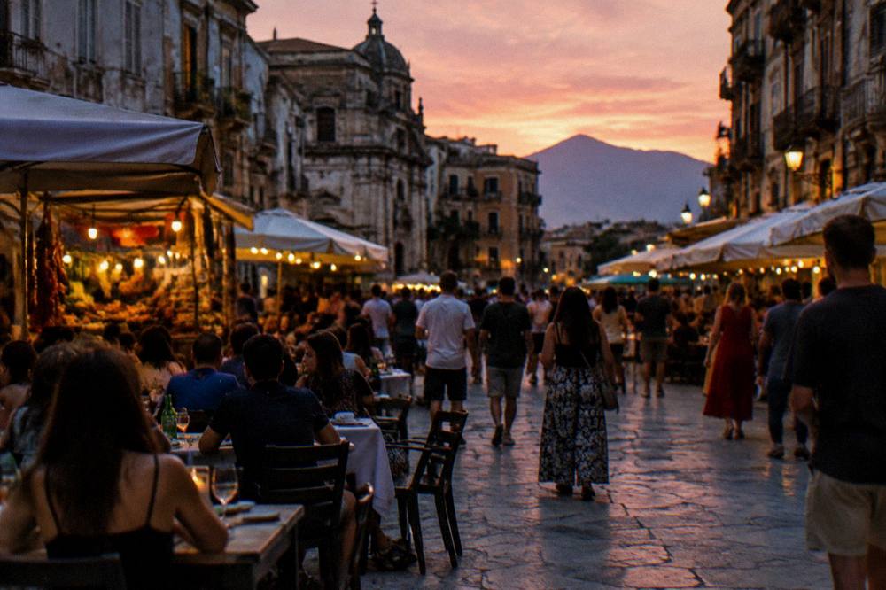 Evening crowds and open-air tables around the squares of the Vucciria market district in Palermo