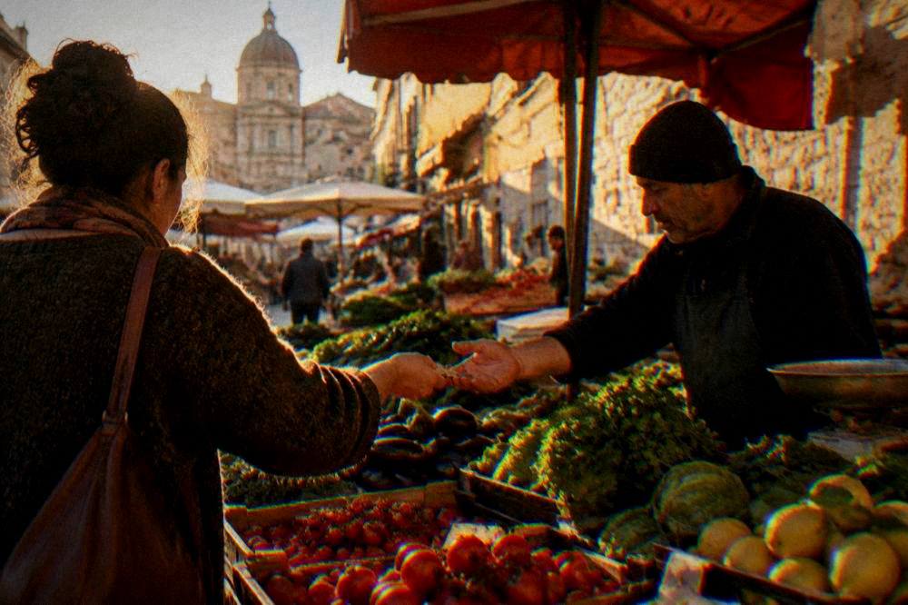 A customer handing coins to a vendor across a table of produce at a Palermo market