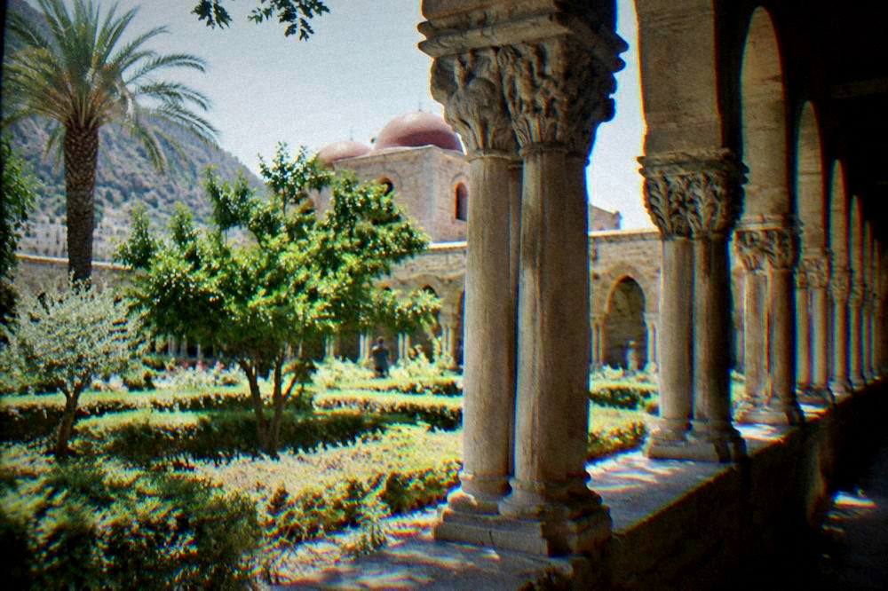 A medieval cloister with paired columns and carved capitals surrounding a garden