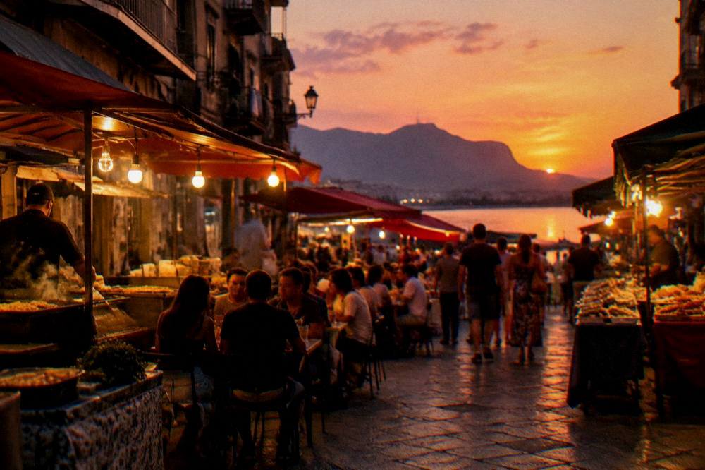 An evening street in Palermo with lit food stalls and people gathered at outdoor tables