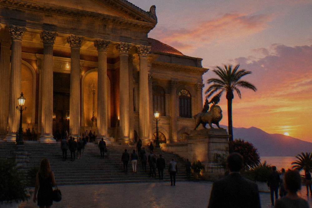Lit opera house facade and people on the steps at dusk