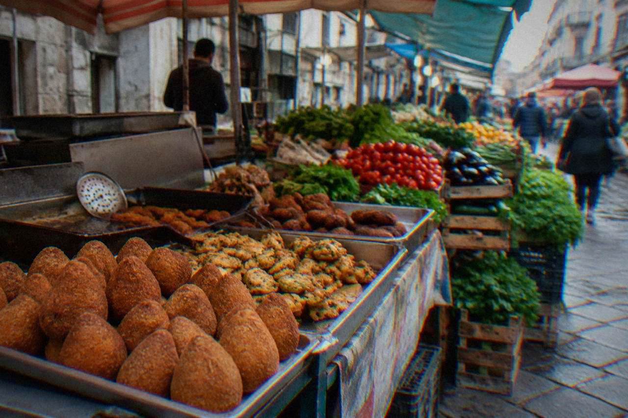 A busy Palermo street market stall with trays of fried snacks and fresh produce under awnings