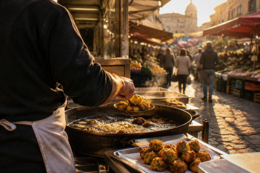 A cook serving fried chickpea fritters from a hot market counter in Palermo