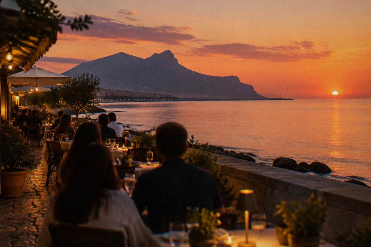 Outdoor tables of a small Palermo restaurant at dusk with people eating under warm lights