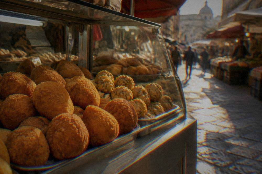 Golden round arancine and chickpea fritters displayed in a glass market counter in Palermo