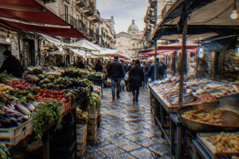 Crowded Ballarò market lane in Palermo with stalls of vegetables, fish and fried food under awnings