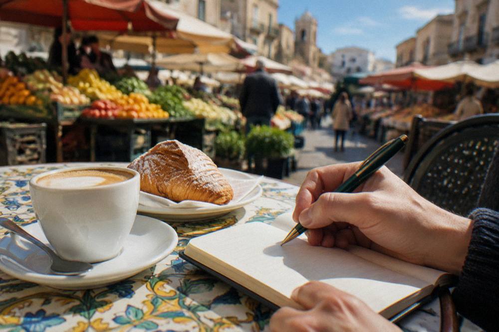 Hand writing a budget notebook beside a coffee and a pastry on a Palermo cafe table