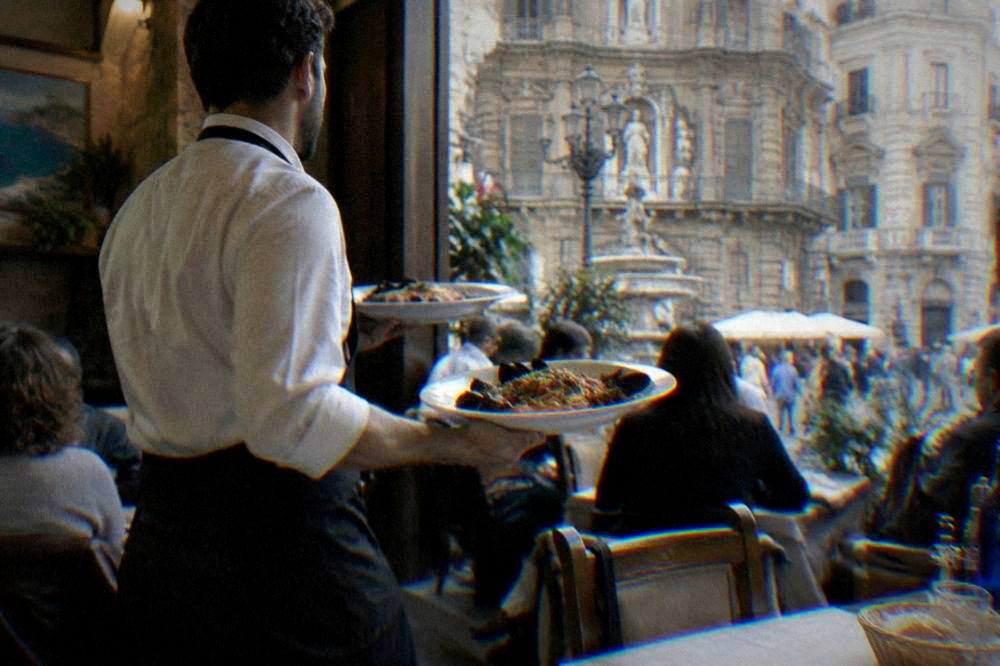 Waiter carrying plates of seafood pasta to a table inside a busy Palermo trattoria