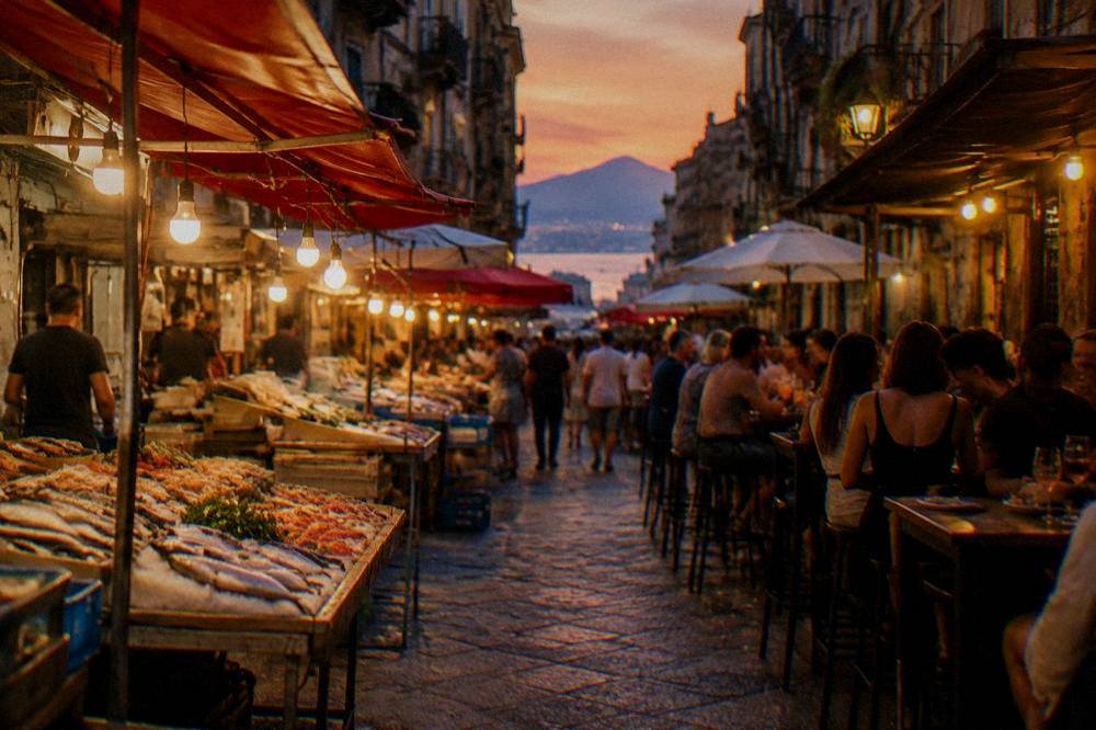An evening street in the Vucciria district of Palermo with food stalls and people at bar tables